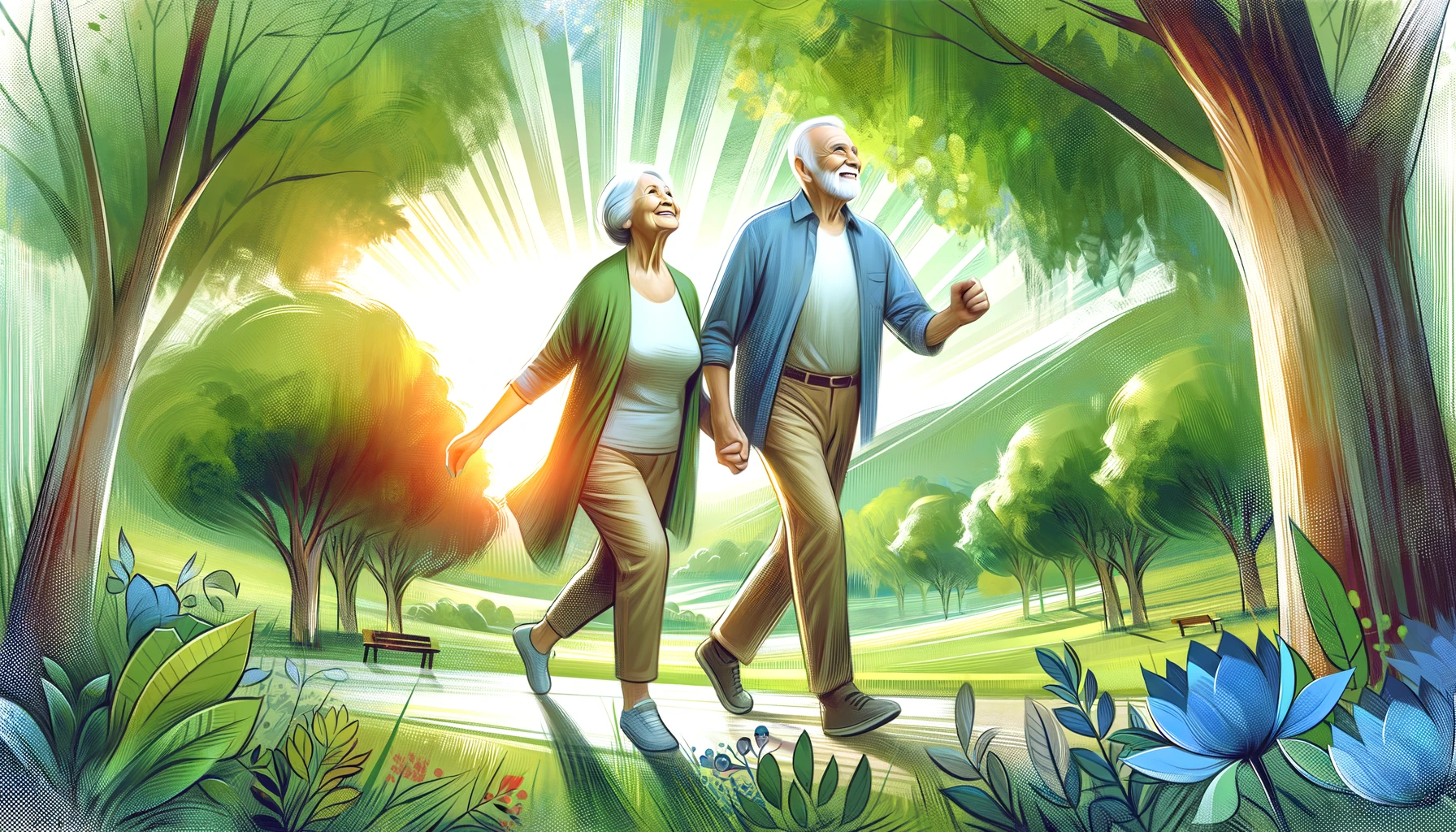 DALL·E 2023-11-22 17.07.06 - Artistic representation of a healthy, active elderly couple walking in a park, symbolizing the anti-aging effects of fisetin. The couple should appear